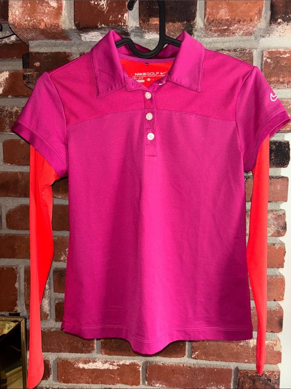 Nike Golf Girls Pink Polo with Bright Coral Layered Sleeves Size Medium